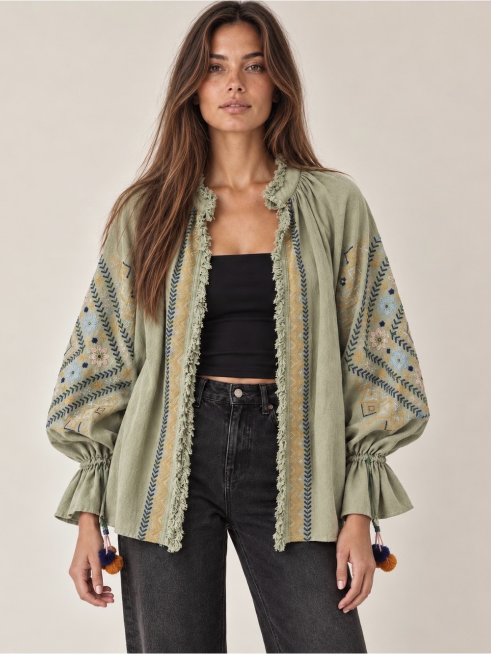 Zara TRF Olive Cotton Linen Kimono Jacket Top XS-M Embroidered Boho